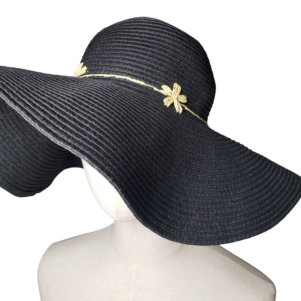 Black Floppy Hat Woven Raffia Flower Band OS #2